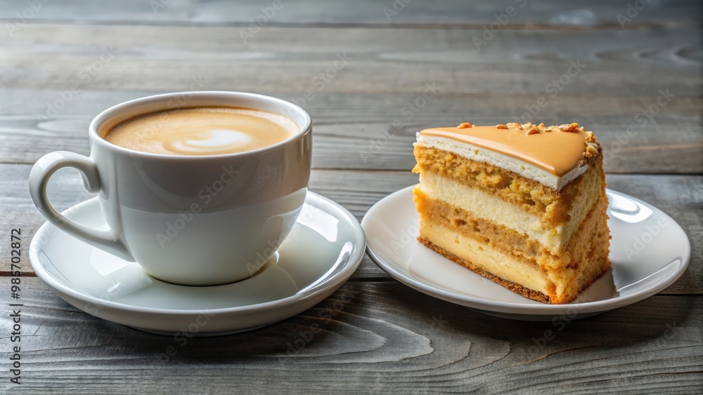 Cup of milk coffee with piece of cake on saucer Cup of milk coffee with piece of cake on saucer