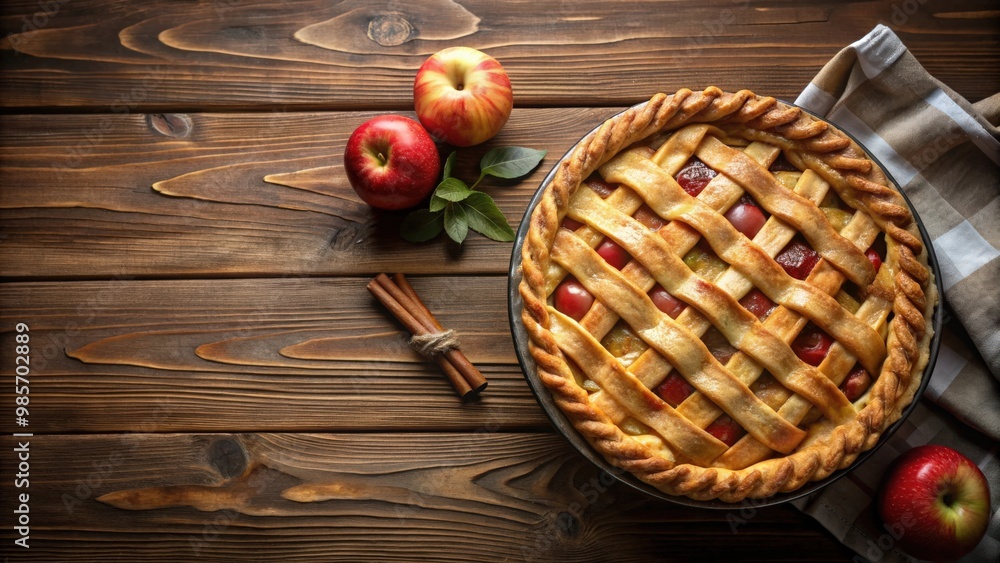 Overhead shot of homemade apple pie dessert on a dark wooden table with copy space Overhead shot of homemade apple pie dessert on a dark wooden table with copy space