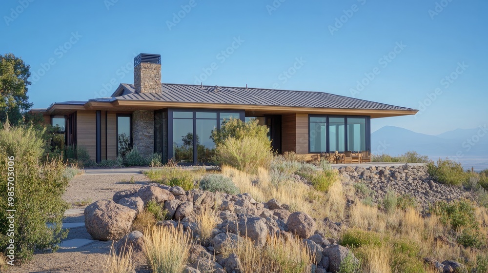 A bright blue sky overhead a house with a light-colored steel shingle roof covered in rocks. A bright blue sky overhead a house with a light-colored steel shingle roof covered in rocks.
