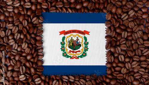 A close-up of the West Virginia flag surrounded by roasted coffee beans, symbolizing the blend of culture with the nation's love for coffee. photo