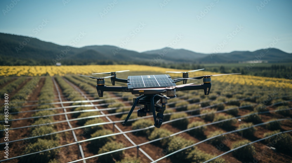 Obraz premium A drone capturing footage of a solar farm in the countryside