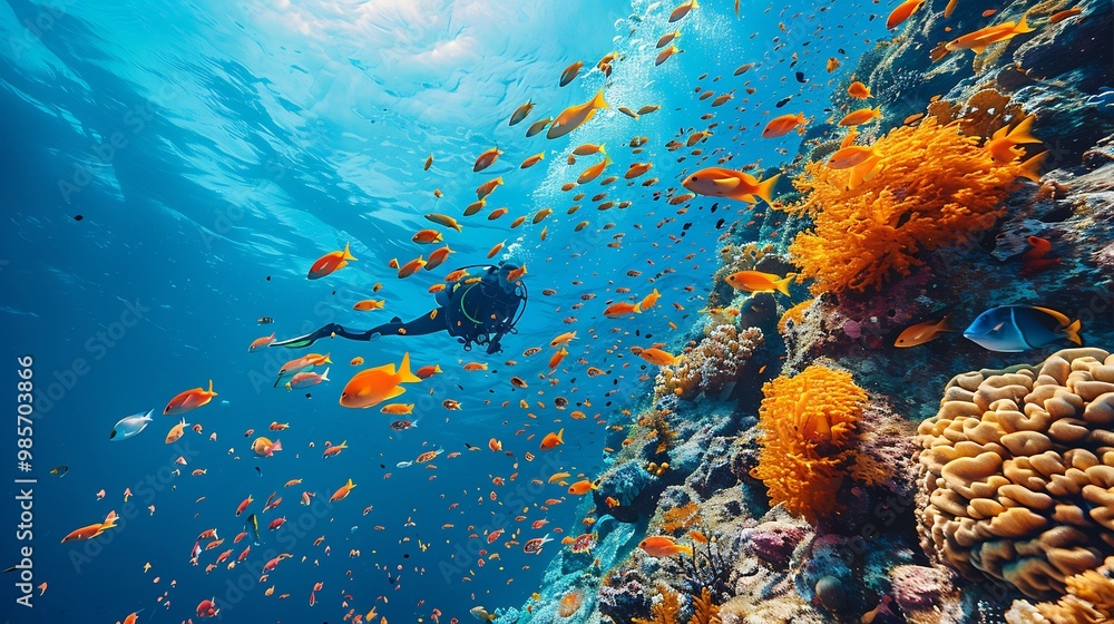 Scuba diver swimming alongside a school of colorful fish near a coral reef with vibrant marine life and clear turquoise water Scuba diver swimming alongside a school of colorful fish near a coral reef with vibrant marine life and clear turquoise water