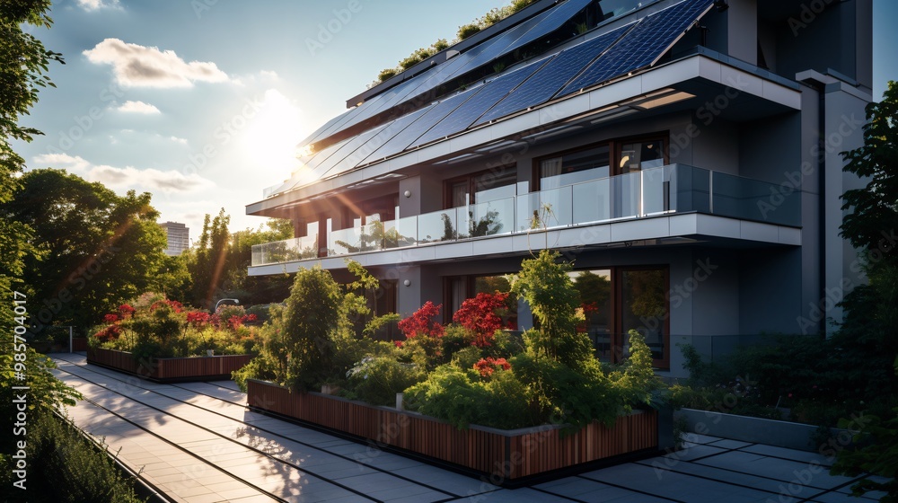 Fototapeta premium Solar panels on an apartment building, enhancing urban green energy usage