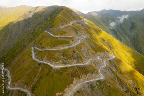 Aerial view of mountain winding road in Tusheti, Georgia. Abano pass. One of the most dangerous road on the world. High quality photo