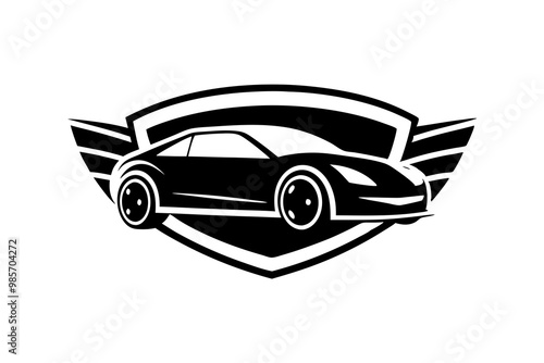 Vector logo for Sport Car, horizontal decorative automotive banners with simple contour illustration of turbo exotic car in moving, art design monochrome concept car on black and white background