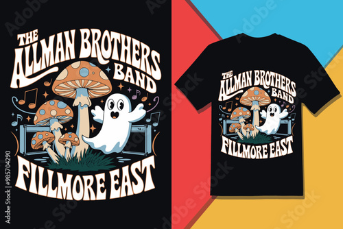 Vintage Allman Brothers Band Fillmore East Halloween T-shirt Design with Psychedelic Mushroom Vector Graphics