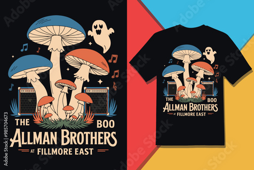 Vintage Allman Brothers Band Fillmore East Halloween T-shirt Design with Psychedelic Mushroom Vector Graphics