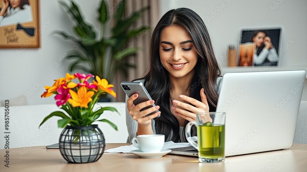 Work from home, Woman working on laptop, Digital Marketing, Smiling Woman Working from Home with Flowers and Smartphone Work from home, Woman working on laptop, Digital Marketing, Smiling Woman Working from Home with Flowers and Smartphone
