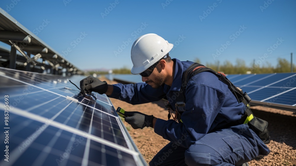 A technician examining solar panels with a thermal imaging camera A technician examining solar panels with a thermal imaging camera