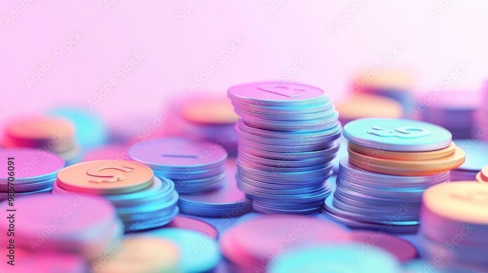 A stack of coins with a dollar sign on them in a field of other coins with a neon pink and blue background. A stack of coins with a dollar sign on them in a field of other coins with a neon pink and blue background.