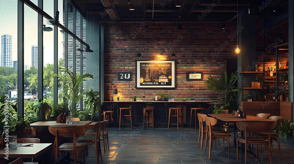 Modern Restaurant Interior Design with Brick Wall and Large Windows 3d Illustration Modern Restaurant Interior Design with Brick Wall and Large Windows 3d Illustration