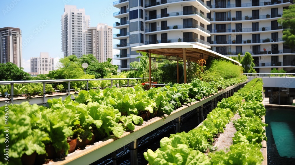 Solar panels on a rooftop garden, integrating green energy and urban agriculture Solar panels on a rooftop garden, integrating green energy and urban agriculture