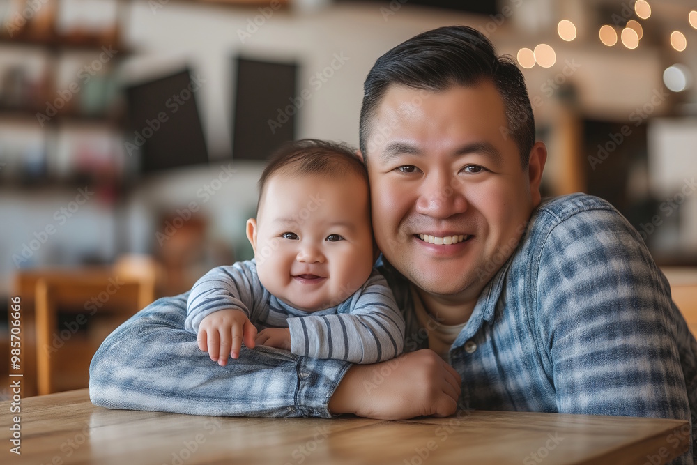 Asian father with his baby girl smiling in a cozy cafe, both leaning on a table, concept of father-son bonding, small business, Small Business Saturday Asian father with his baby girl smiling in a cozy cafe, both leaning on a table, concept of father-son bonding, small business, Small Business Saturday
