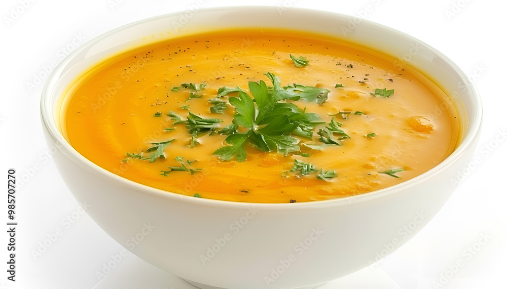 Tasty creamy pumpkin soup in bowl on white background Tasty creamy pumpkin soup in bowl on white background