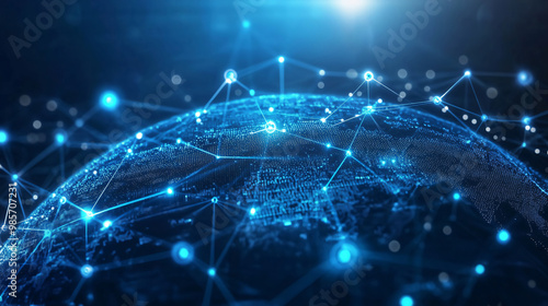 Planet earth is getting connected with lines and nodes representing global network