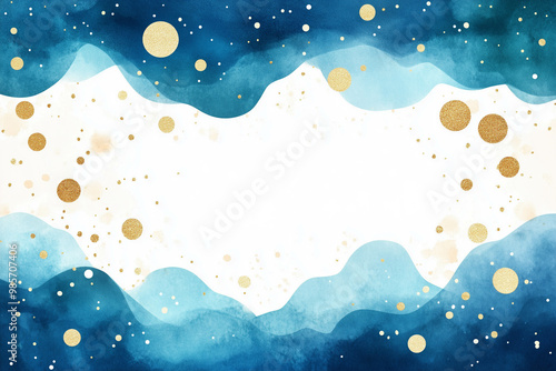 Abstract watercolor style of light blue color with gold dot background. 