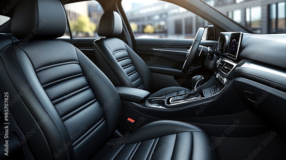 Modern Car Interior with Black Leather Seats. Black Interior Car With Fabric Seat Cover. 3D Illustration. Generate Ai Image Modern Car Interior with Black Leather Seats. Black Interior Car With Fabric Seat Cover. 3D Illustration. Generate Ai Image