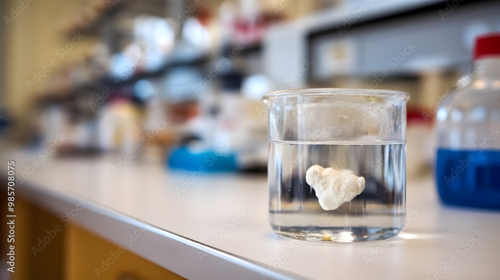 Close-up of glass beaker with clear liquid and floating indicator showing high lead levels, set on white countertop with copy space for text or design.