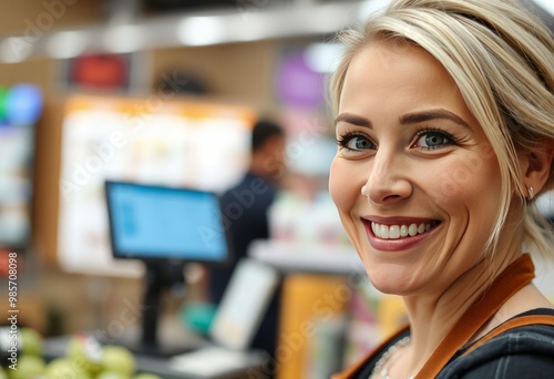 Close up of a white woman cashier Focus on her face smiling warm