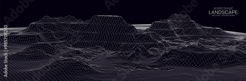 Wireframe landscape. Futuristic 3d mesh background. Digital hills technology. Vector illustration.