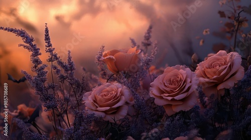 Soft lavender roses and pale orange lilies with bats flying softly around them, creating a 3D Halloween ambiance photo