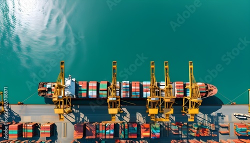 Dynamic aerial perspective of an industrial harbor showcasing a cargo ship docking, vibrant containers, and towering cranes over shimmering emerald waters.