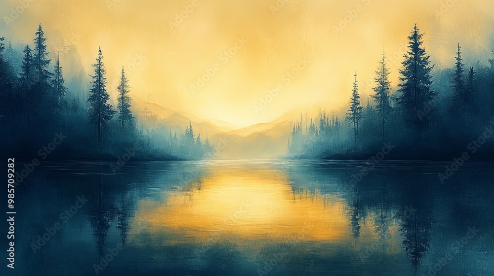 Serene Sunrise Over Tranquil Lake in Misty Forest Serene Sunrise Over Tranquil Lake in Misty Forest