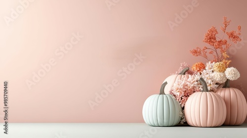 Elegant 3D pastel pumpkins entwined with delicate, softcolored flowers, with a shadow of a witch flying in the background photo