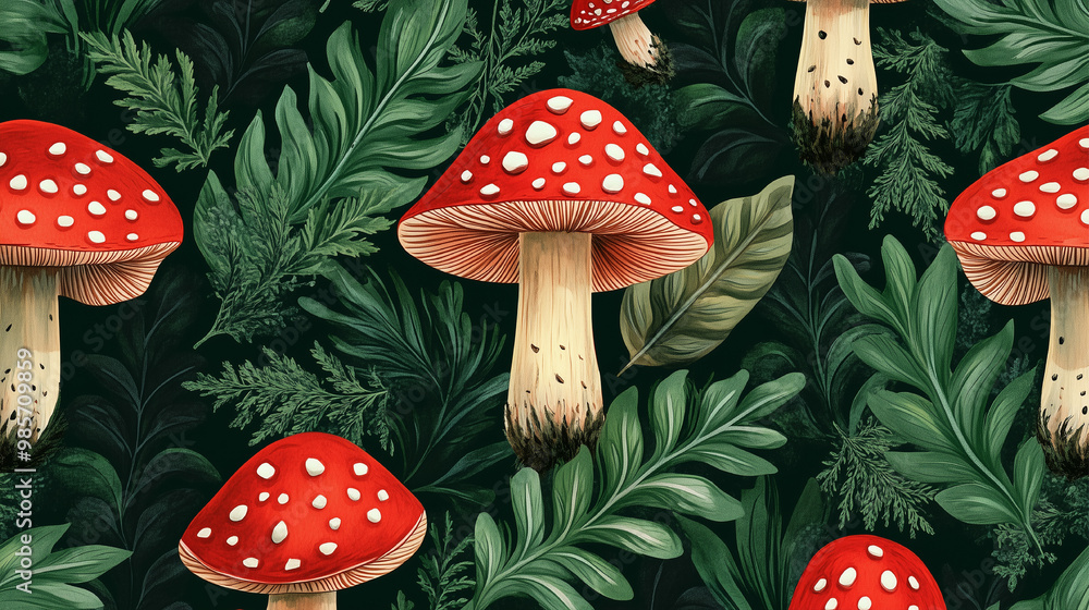 A painting of a forest with many red mushrooms. The mushrooms are scattered throughout the painting, with some in the foreground and others in the background