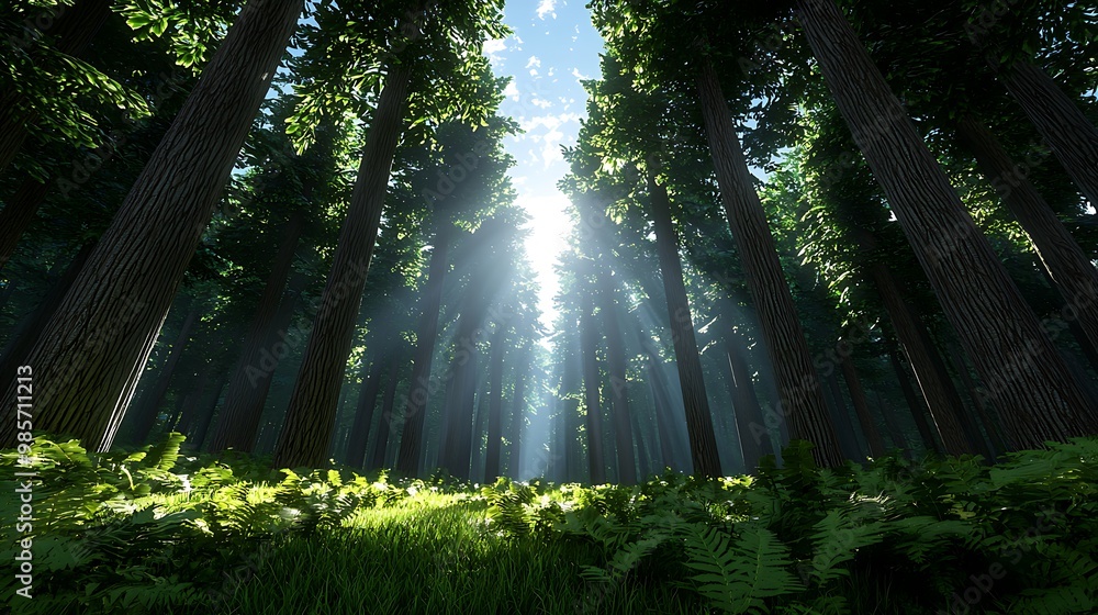Obraz premium Tall trees bathed in sunlight form a lush forest, the beams filtering through their leaves.