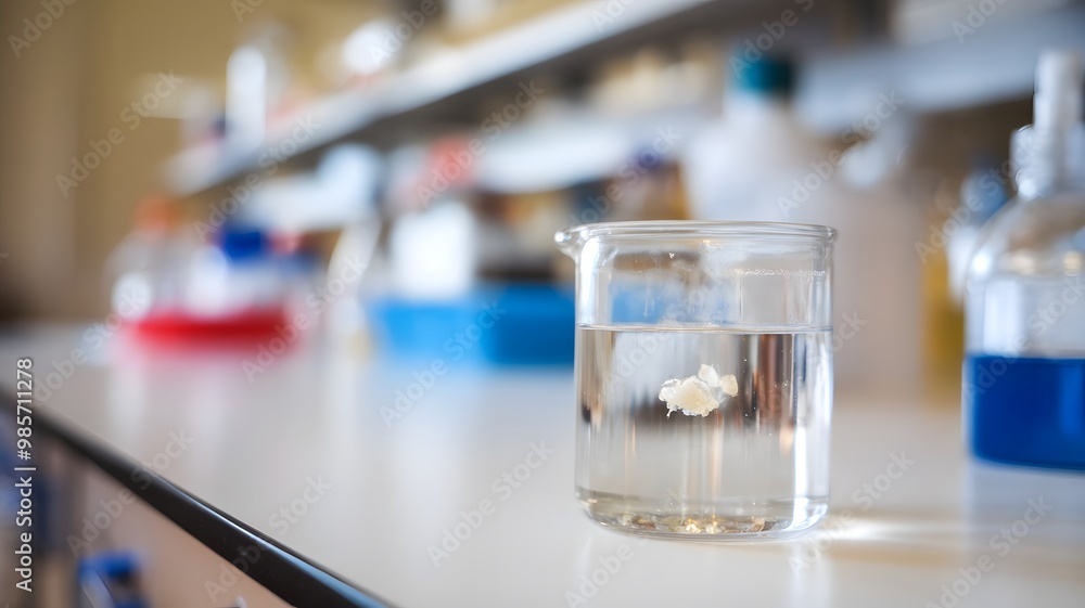 Close-up of glass beaker with clear liquid and floating indicator showing high lead levels, set on white countertop with copy space for text or design. Close-up of glass beaker with clear liquid and floating indicator showing high lead levels, set on white countertop with copy space for text or design.