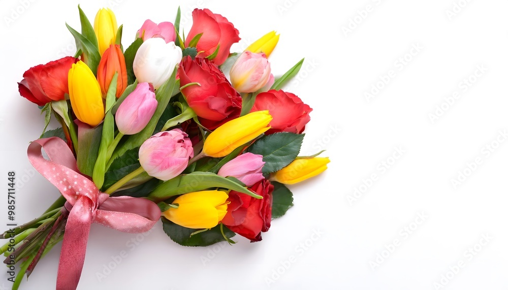 A vibrant bouquet of roses and tulips tied with a ribbon on a white background A vibrant bouquet of roses and tulips tied with a ribbon on a white background