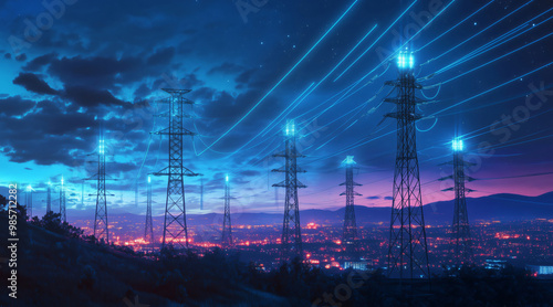 High voltage power lines delivering electricity to a city at night