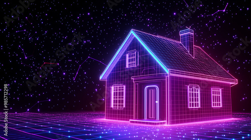 A house is shown in a neon color scheme, with a bright blue roof and a purple trim. The house is surrounded by a dark blue background, giving it a futuristic and otherworldly appearance