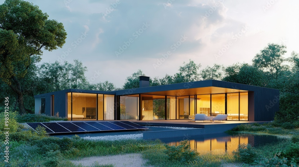 Fototapeta premium Modern home with sleek solar panels, surrounded by nature, illustrating renewable energy. Ample copy space