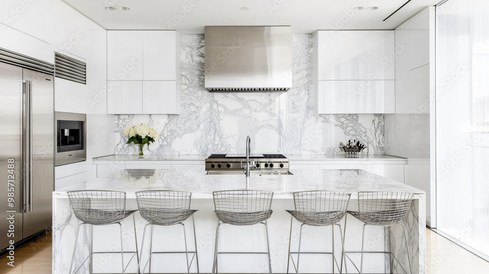 Modern minimalist white kitchen featuring marble island and backsplash Modern minimalist white kitchen featuring marble island and backsplash