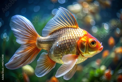 Iridescent scales glimmer beneath the water as a pearlscale goldfish glides effortlessly, its slender body undulating photo