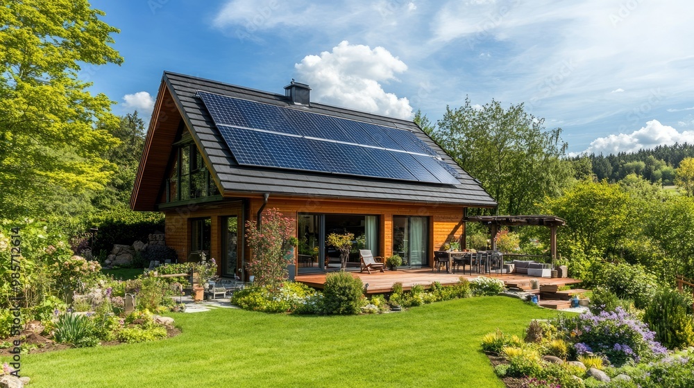 Modern home with solar panels and a garden, highlighting eco-conscious design and energy efficiency. Copy space available. Modern home with solar panels and a garden, highlighting eco-conscious design and energy efficiency. Copy space available.