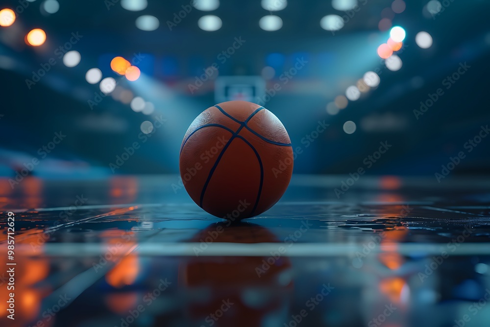 Basketball Gleaming on a Glossy Floor, Ready for Action Under Bright Lights Basketball Gleaming on a Glossy Floor, Ready for Action Under Bright Lights