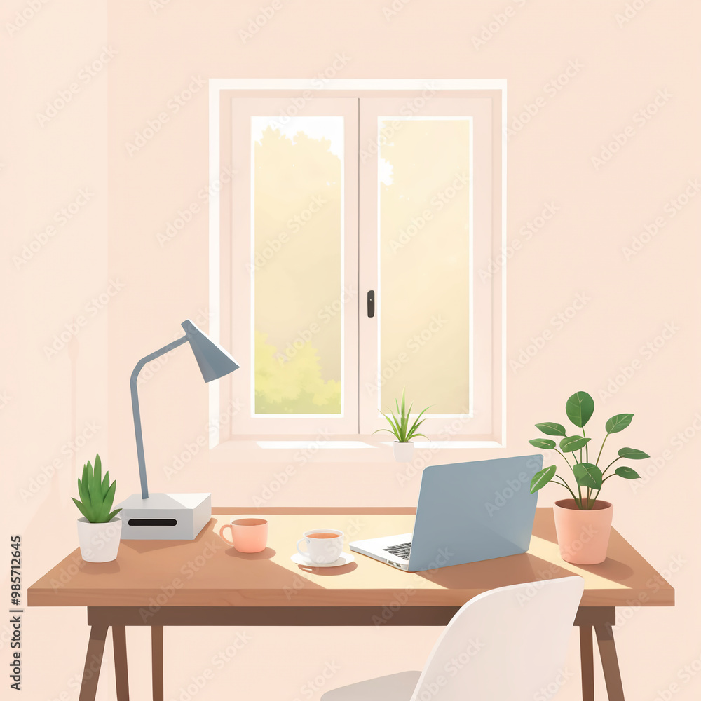 Fototapeta premium Minimalistic home office desk setup with laptop and plants and warm sunlight from window