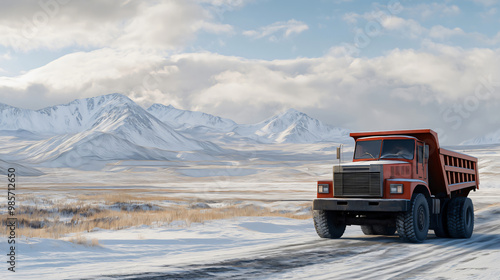 Red mining dump truck driving on a snowy road in the mountains