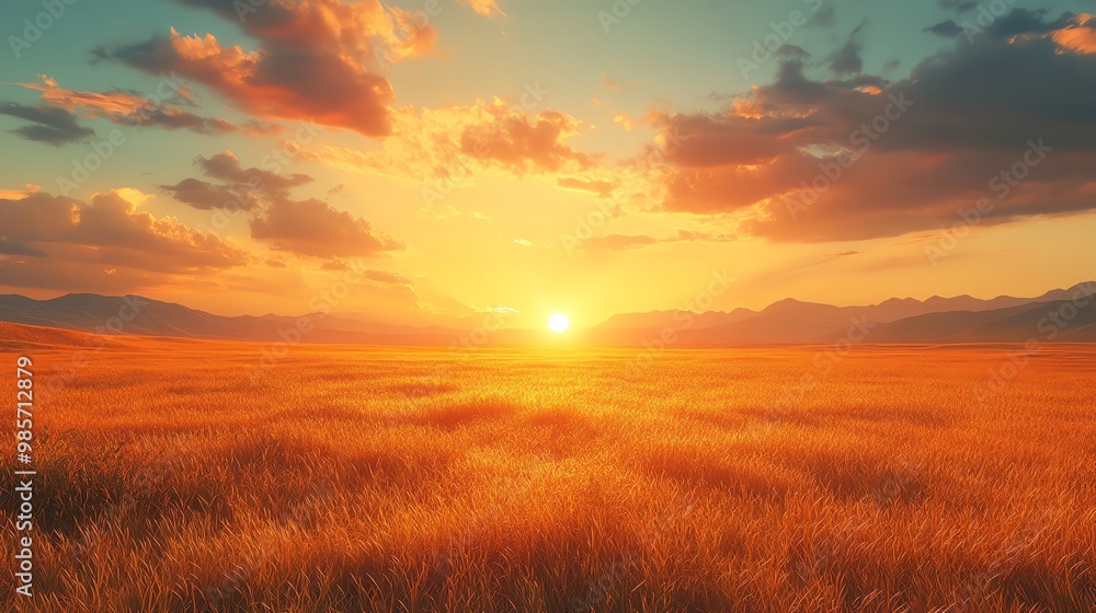A breathtaking sunset over a vast field, with a dramatic sky and a silhouetted mountain range in the distance. A breathtaking sunset over a vast field, with a dramatic sky and a silhouetted mountain range in the distance.