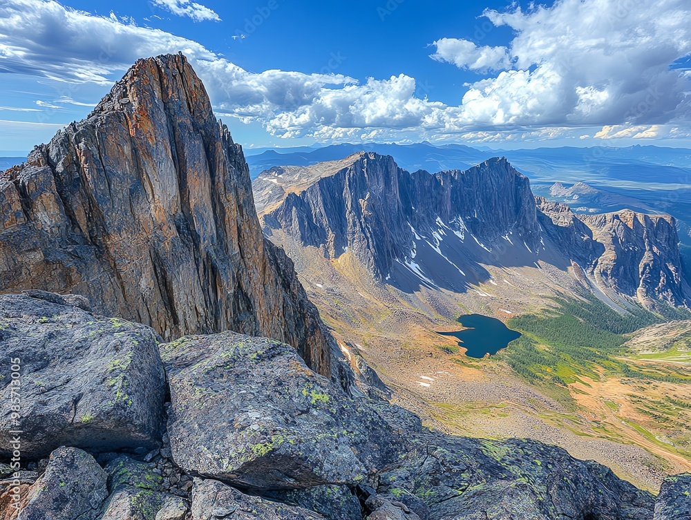 A breathtaking view from a mountain peak, showcasing a dramatic rocky landscape, a serene blue lake, and a clear blue sky dotted with fluffy white clouds. A breathtaking view from a mountain peak, showcasing a dramatic rocky landscape, a serene blue lake, and a clear blue sky dotted with fluffy white clouds.