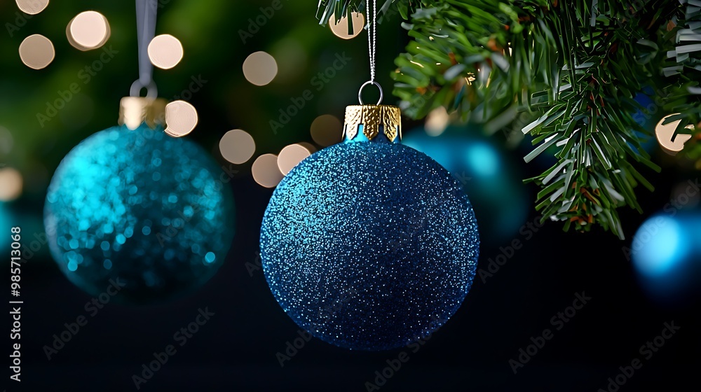 A blue ornament gleams on a tree, its soft glow enhanced by bokeh lights. A blue ornament gleams on a tree, its soft glow enhanced by bokeh lights.