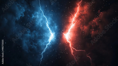 Red and blue glowing shapes facing each other with energy and lightning