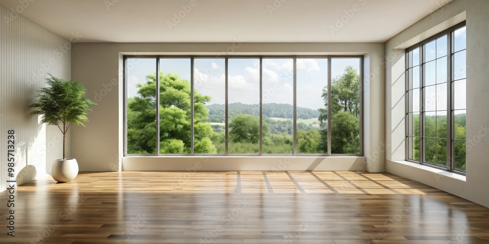 Empty minimalist living room with large window, letting in natural light Empty minimalist living room with large window, letting in natural light