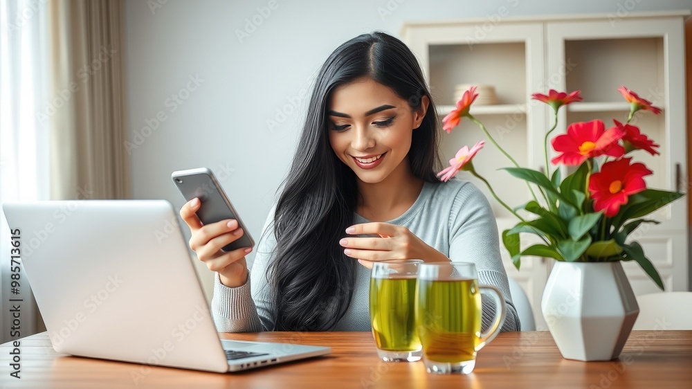 Work from home, Woman working on laptop, Digital Marketing, Smiling Woman Working from Home with Flowers and Smartphone Work from home, Woman working on laptop, Digital Marketing, Smiling Woman Working from Home with Flowers and Smartphone