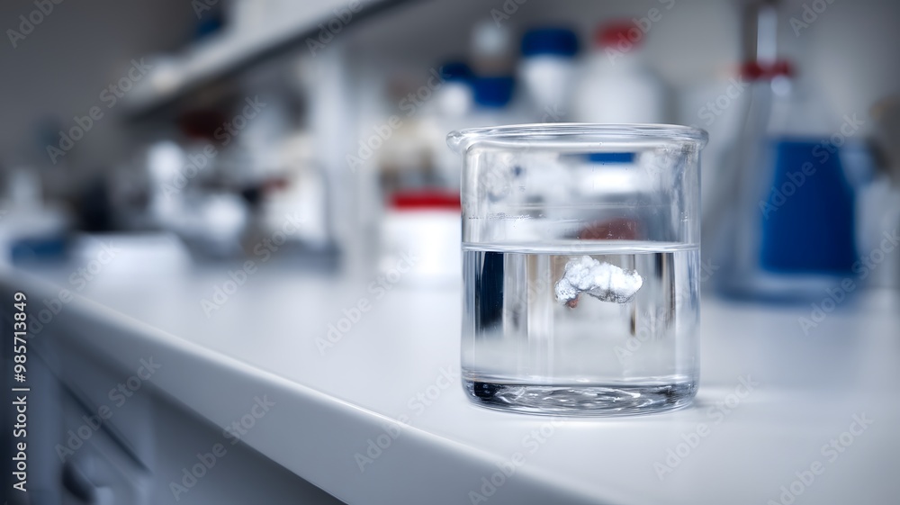 Close-up of glass beaker with clear liquid and floating indicator showing high lead levels, set on white countertop with copy space for text or design. Close-up of glass beaker with clear liquid and floating indicator showing high lead levels, set on white countertop with copy space for text or design.