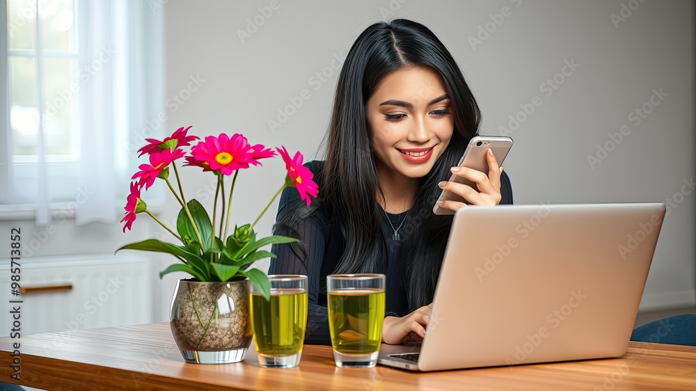 Work from home, Woman working on laptop, Digital Marketing, Smiling Woman Working from Home with Flowers and Smartphone Work from home, Woman working on laptop, Digital Marketing, Smiling Woman Working from Home with Flowers and Smartphone
