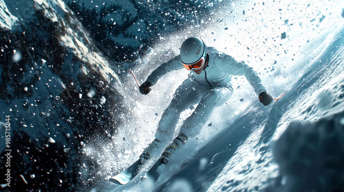 A cool skier in a stylish white ski suit and protective helmet descends a snow-covered mountain. The concept of excitement and adventure. A sports competition or freestyle skiing training